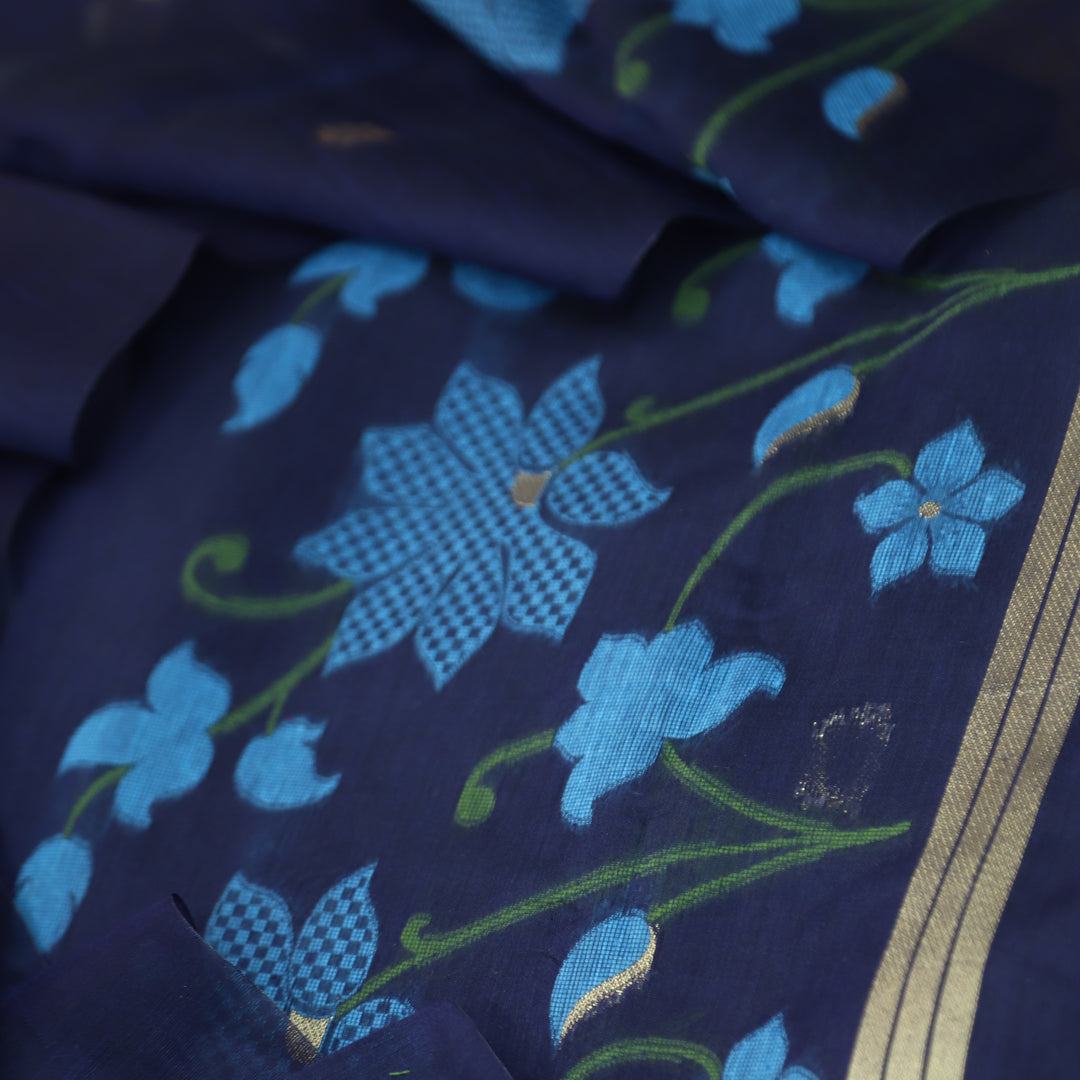 Kush Navy Blue Floral Authentic Jamdani Weaved Work Chanderi Suit Set
