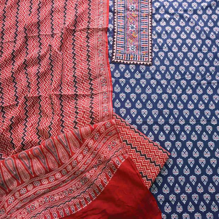 Aatish Air Force Blue Ajrak Print Cotton Top With Printed Dupatta