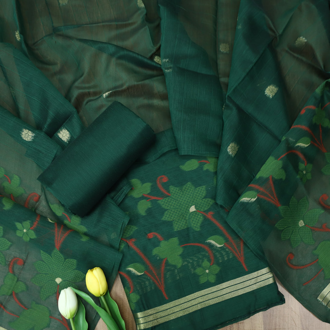 Kush Sacramento Green Floral Authentic Jamdani Weaved Work Chanderi Suit Set