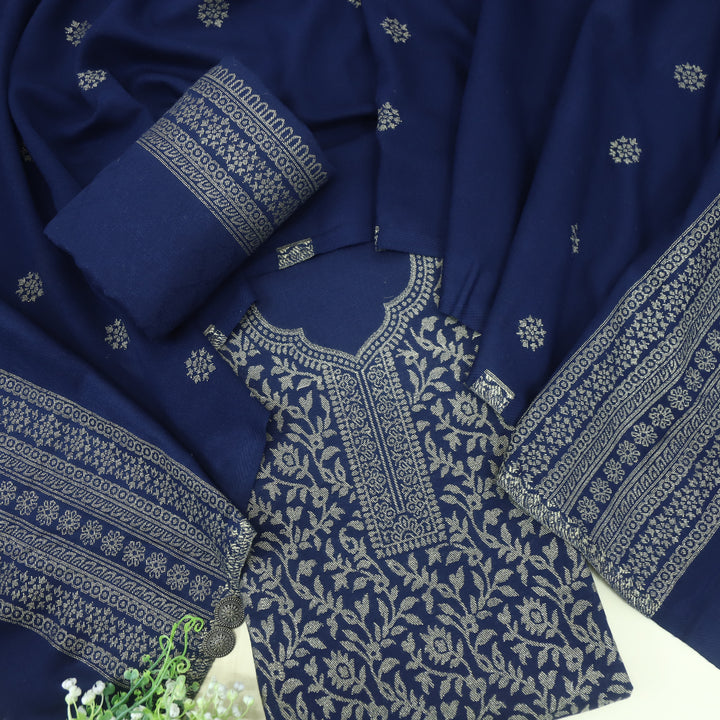 Deewani Midnight Blue Zari Weaved Semi Pashmina Suit Set