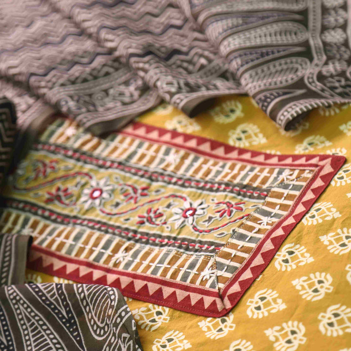Aatish Mustard Yellow Ajrak Print Cotton Top With Printed Dupatta