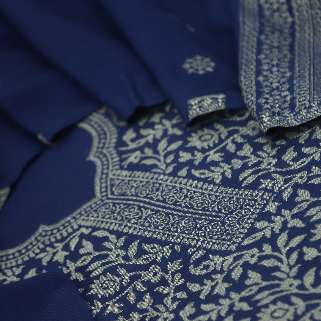 Deewani Midnight Blue Zari Weaved Semi Pashmina Suit Set