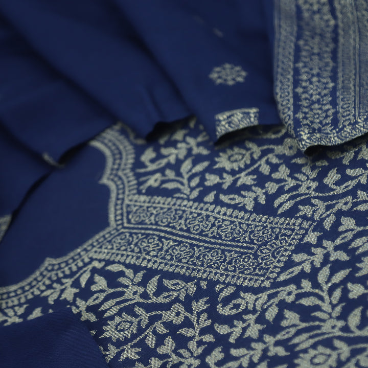 Deewani Midnight Blue Zari Weaved Semi Pashmina Suit Set