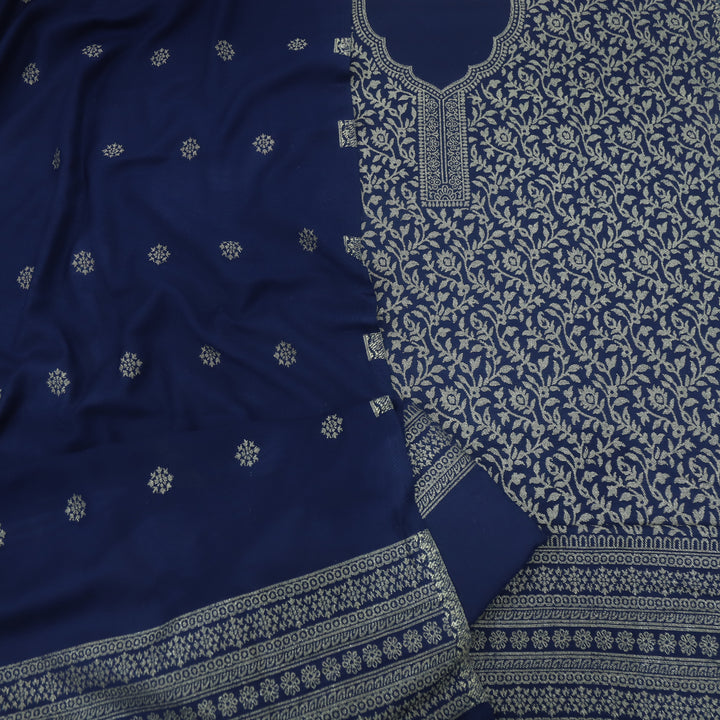 Deewani Midnight Blue Zari Weaved Semi Pashmina Suit Set