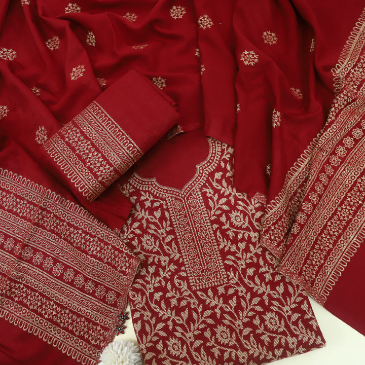 Deewani Bride Red Zari Weaved Semi Pashmina Suit Set
