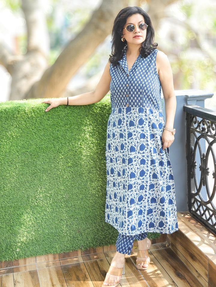 Sayra Indigo Blue Dabu Floral Cotton 2 Piece Set