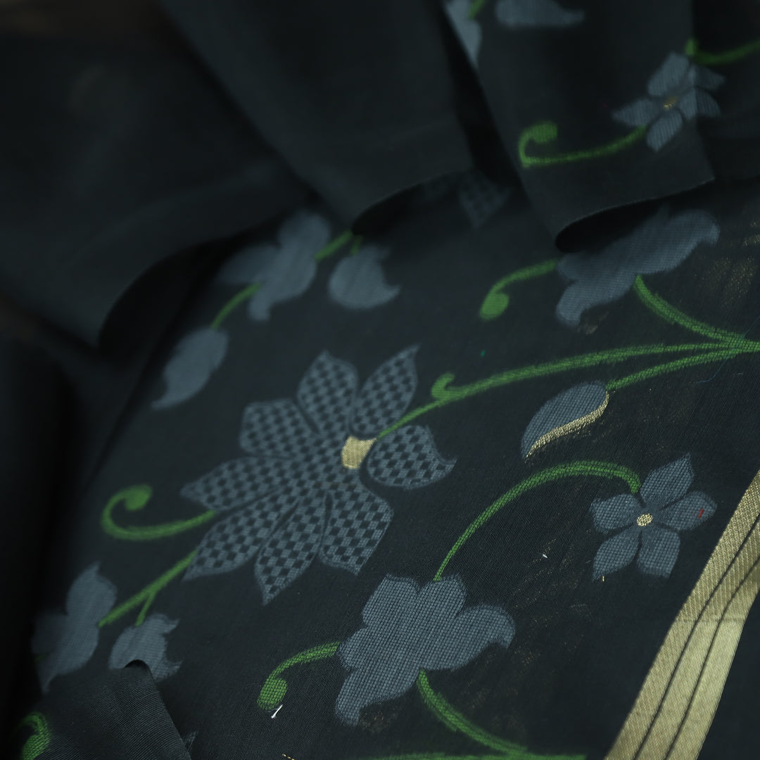 Kush Ebony Black Floral Authentic Jamdani Weaved Work Chanderi Suit Set