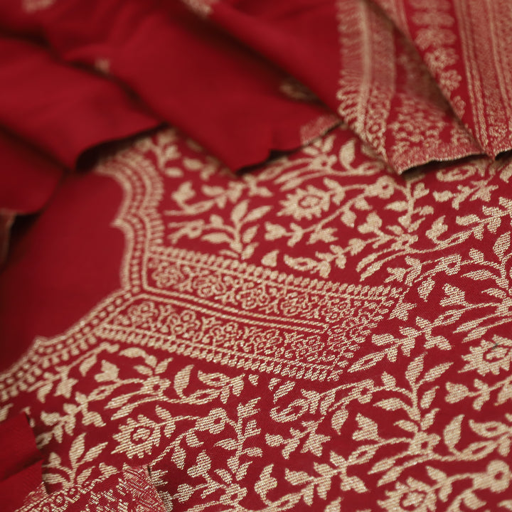 Deewani Bride Red Zari Weaved Semi Pashmina Suit Set