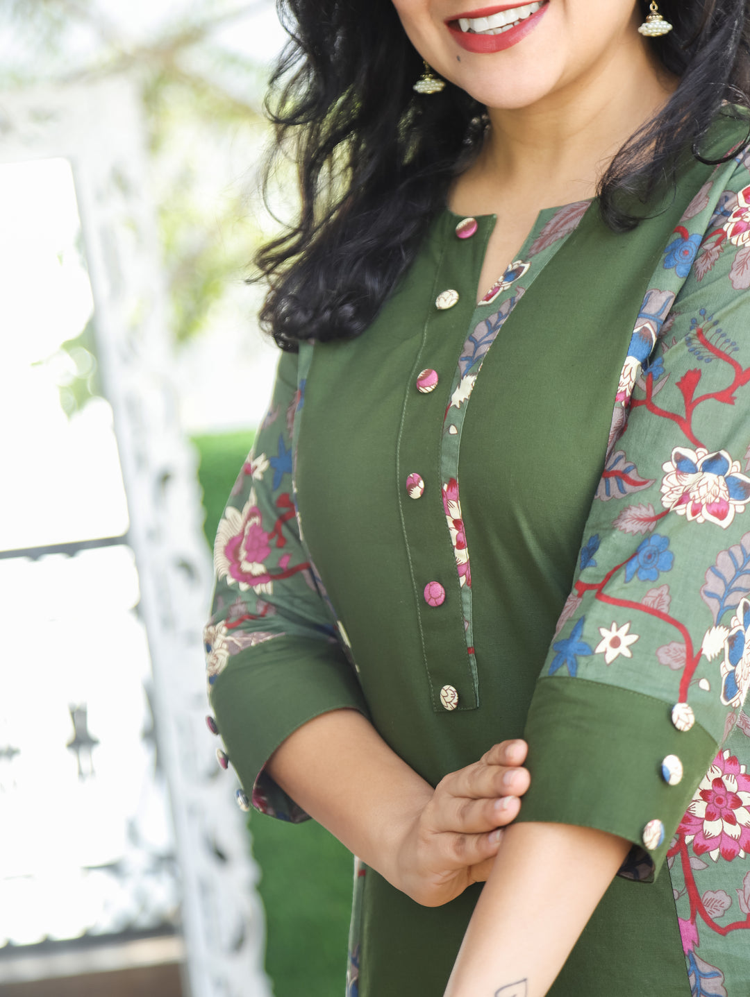 Khushi Forest Green Button Work Round Neck Floral Printed Panel Cotton Kurti