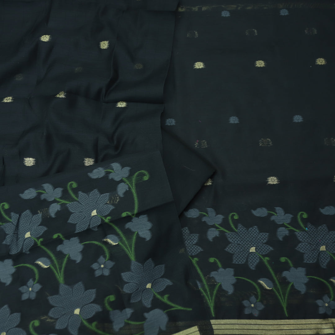 Kush Ebony Black Floral Authentic Jamdani Weaved Work Chanderi Suit Set