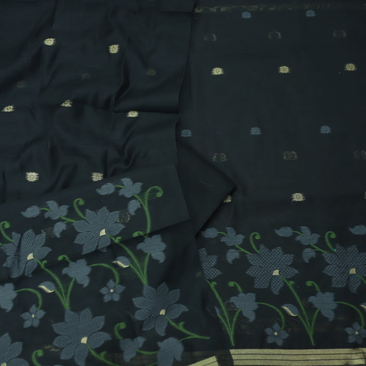 Kush Ebony Black Floral Authentic Jamdani Weaved Work Chanderi Suit Set