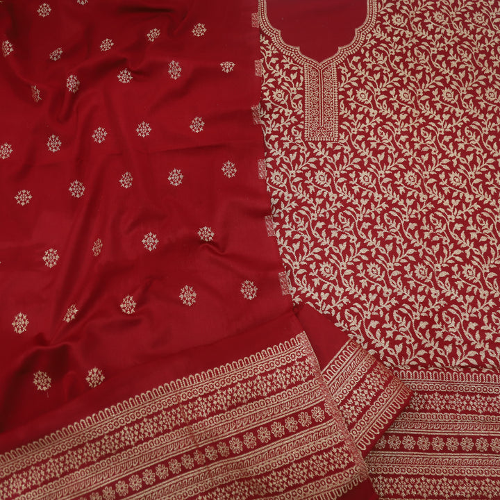 Deewani Bride Red Zari Weaved Semi Pashmina Suit Set