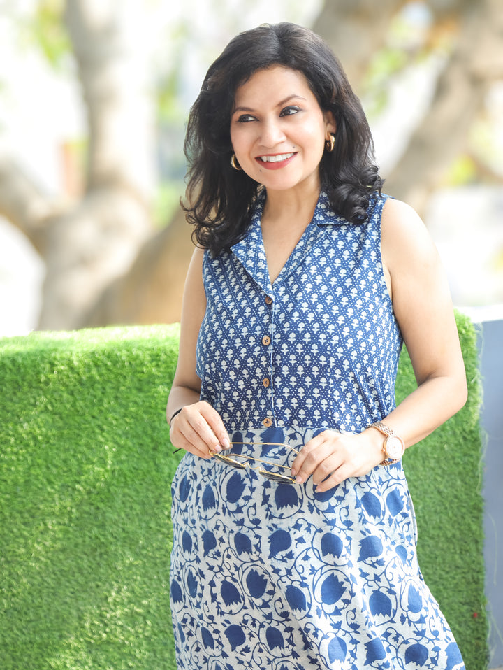 Sayra Indigo Blue Dabu Floral Cotton 2 Piece Set