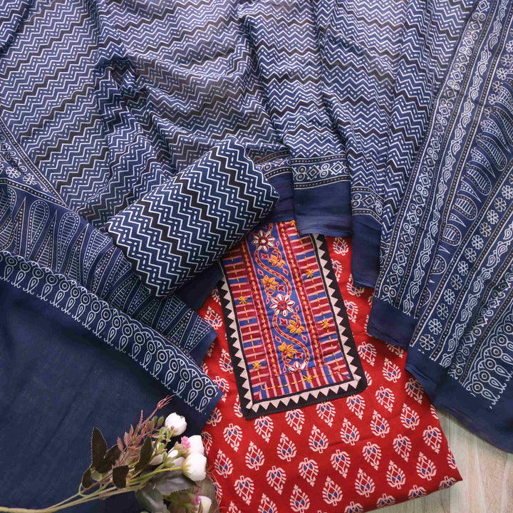 Aatish Cherry Red Ajrak Print Cotton Top With Printed Dupatta