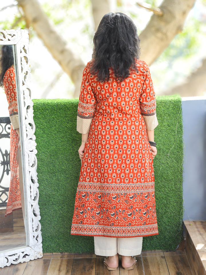 Kiara Rust Orange with Beige Kutch Mirror Work Yoke in Ajrak Printed Cotton Kurti