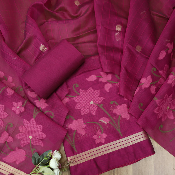 Kush Wine Purple Floral Authentic Jamdani Weaved Work Chanderi Suit Set