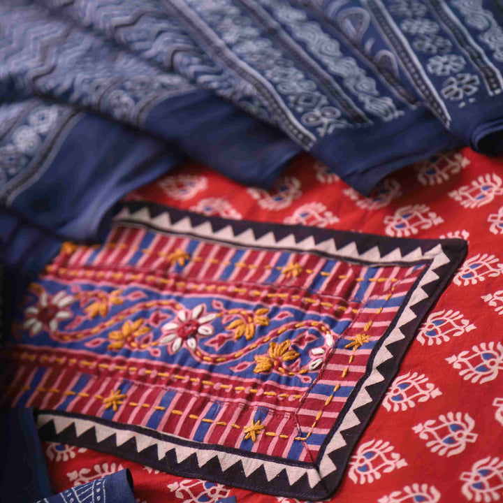 Aatish Cherry Red Ajrak Print Cotton Top With Printed Dupatta