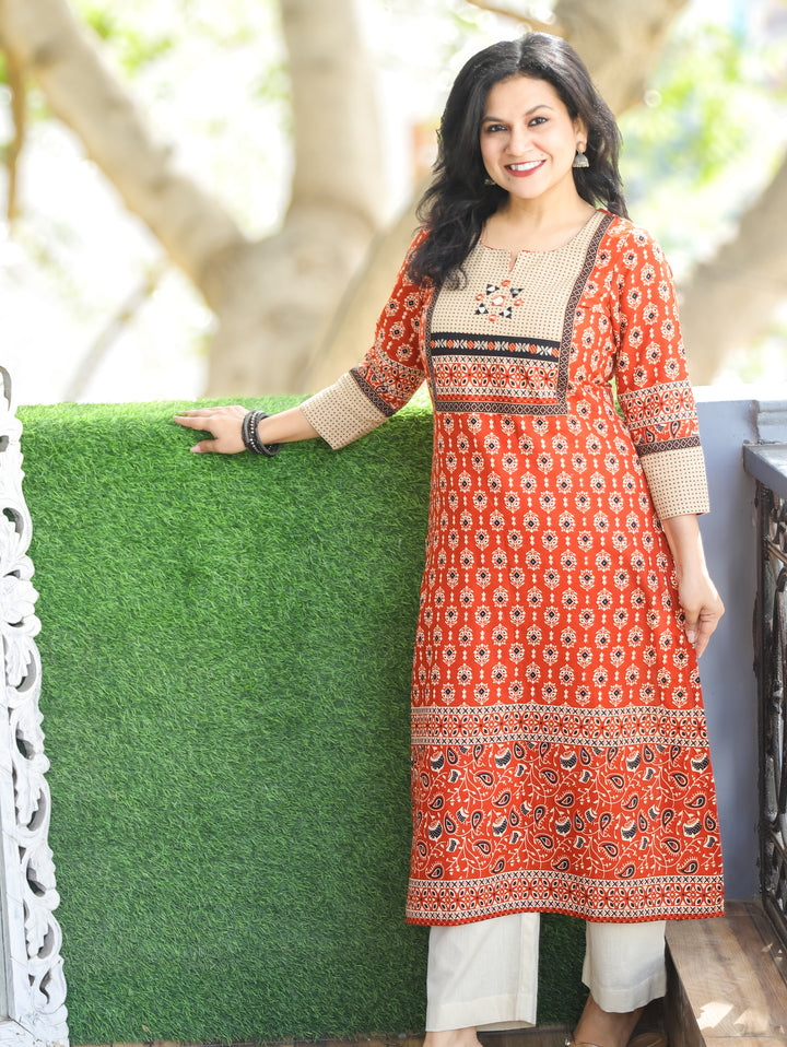 Kiara Rust Orange with Beige Kutch Mirror Work Yoke in Ajrak Printed Cotton Kurti