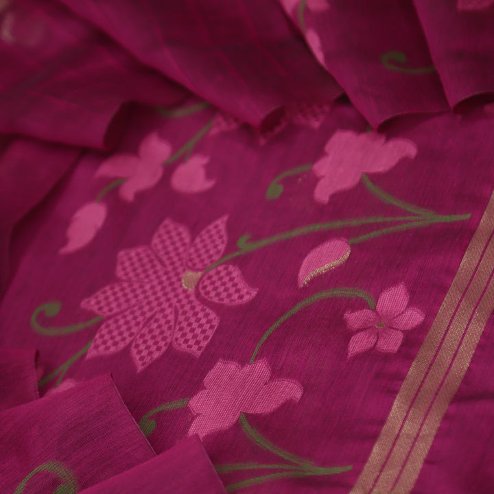 Kush Wine Purple Floral Authentic Jamdani Weaved Work Chanderi Suit Set