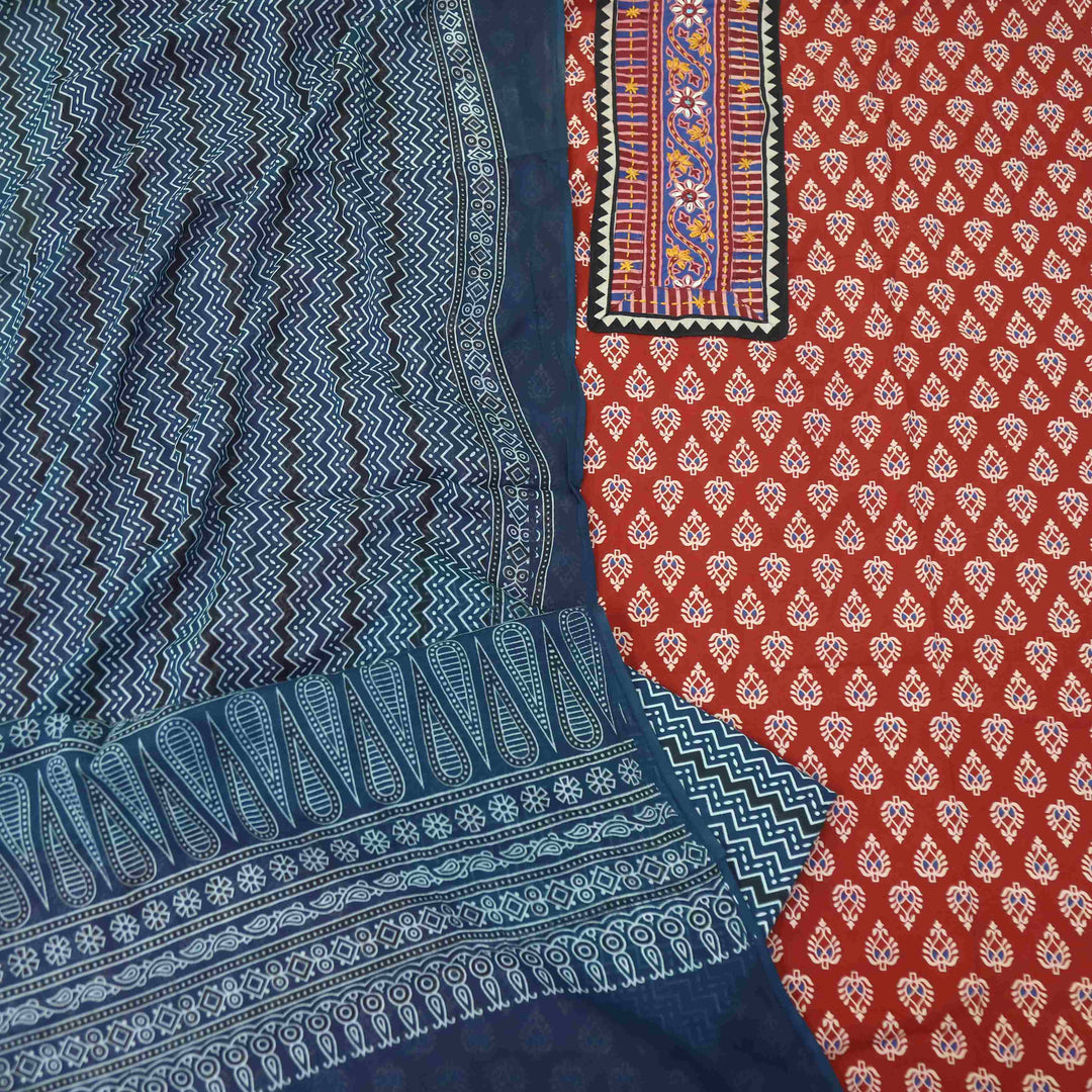 Aatish Cherry Red Ajrak Print Cotton Top With Printed Dupatta