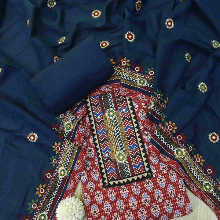 Anokhi Red Ajrak Print Kantha Cotton Top with Border Hem Dupatta