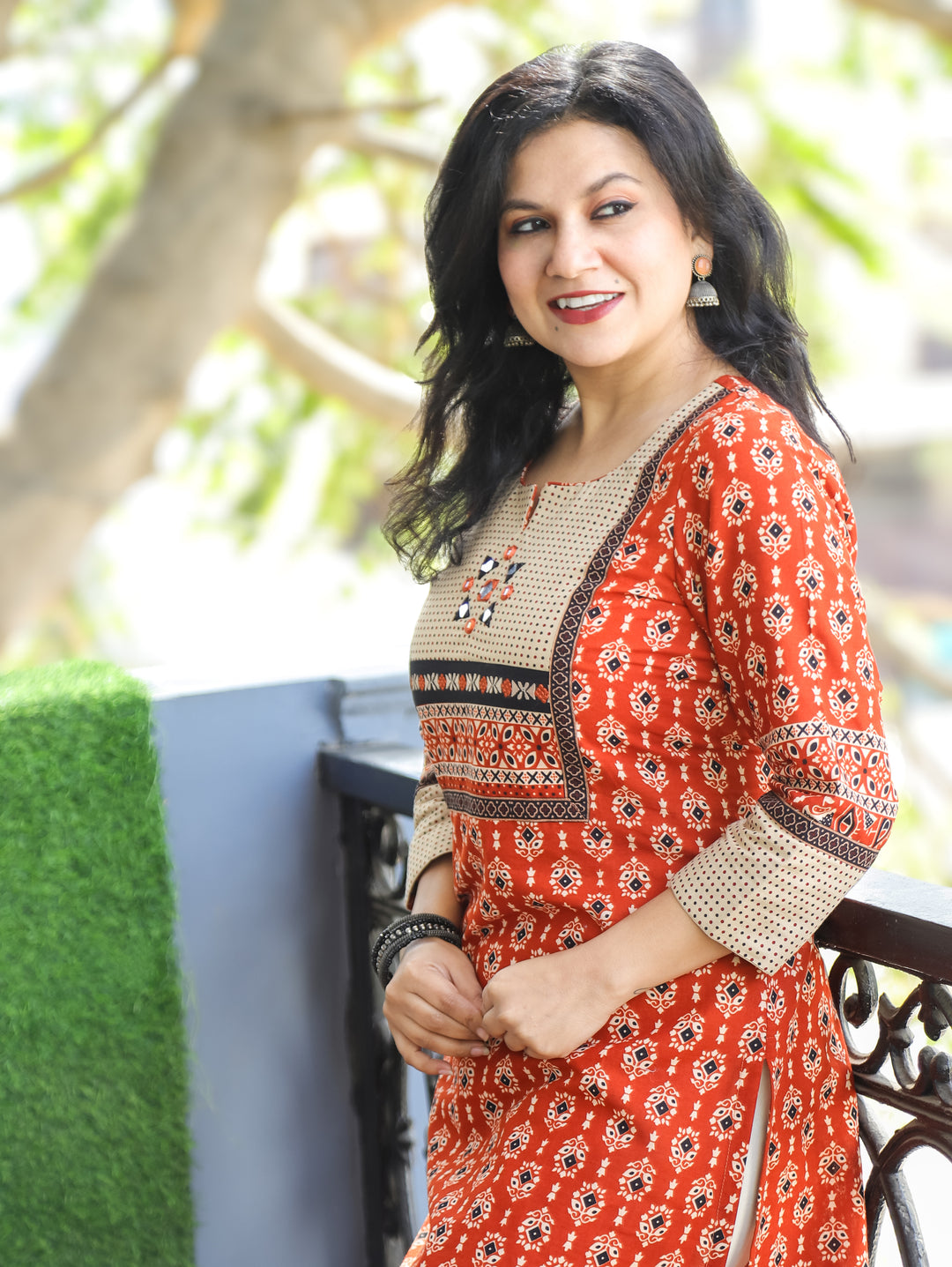 Kiara Rust Orange with Beige Kutch Mirror Work Yoke in Ajrak Printed Cotton Kurti