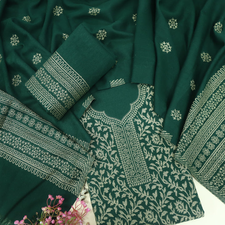 Deewani Sacramento Green Zari Weaved Semi Pashmina Suit Set