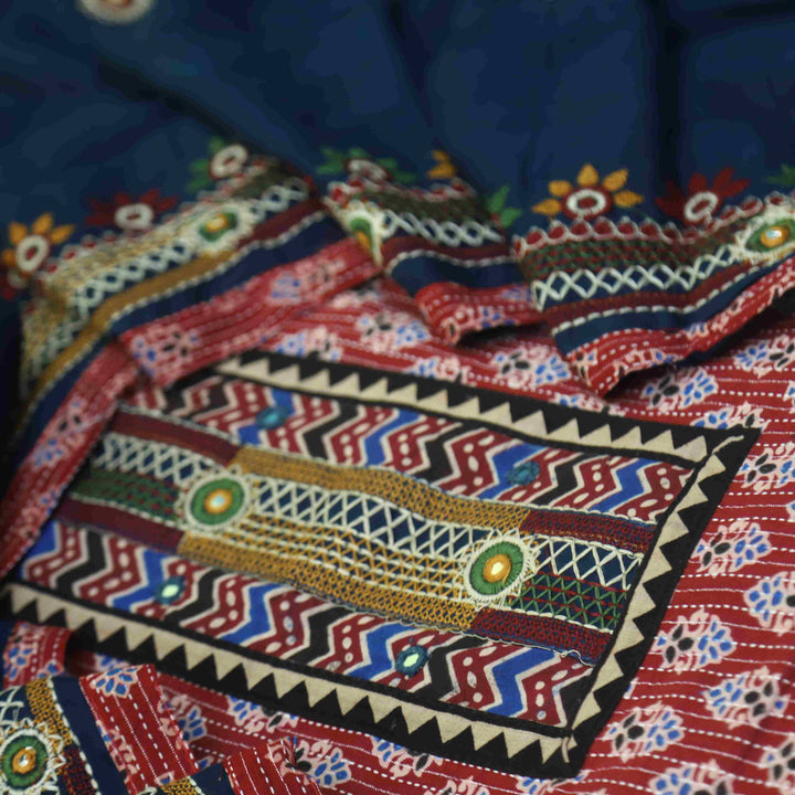 Anokhi Red Ajrak Print Kantha Cotton Top with Border Hem Dupatta