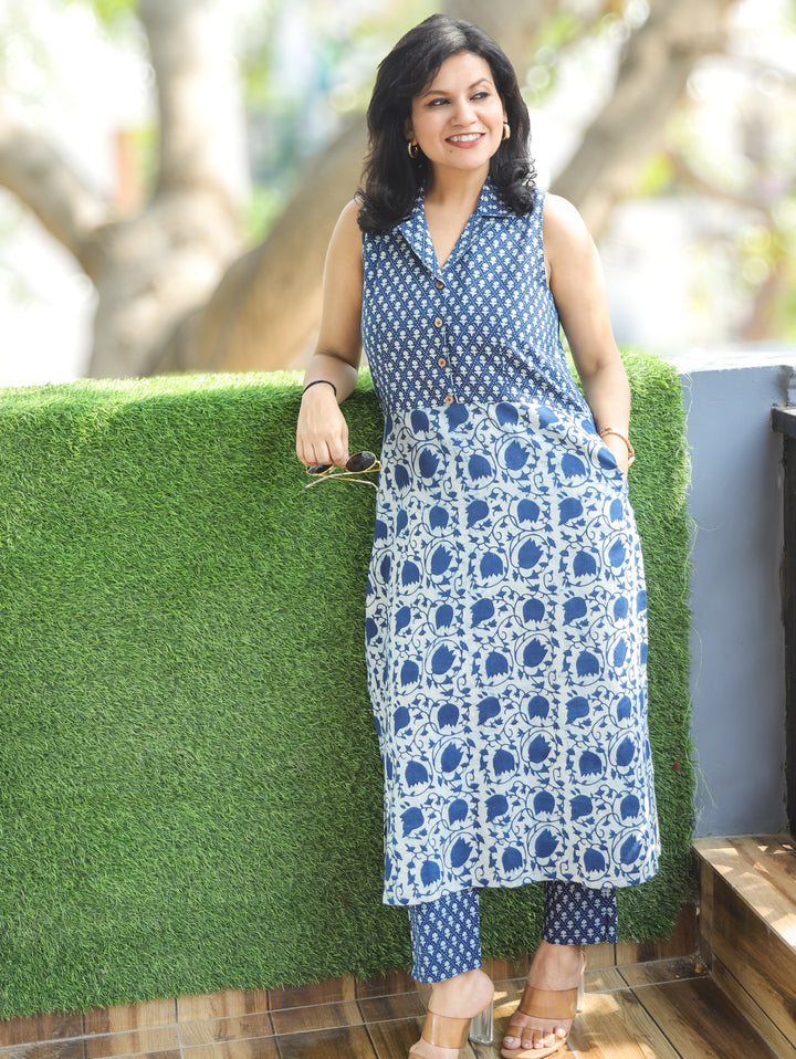 Sayra Indigo Blue Dabu Floral Cotton 2 Piece Set
