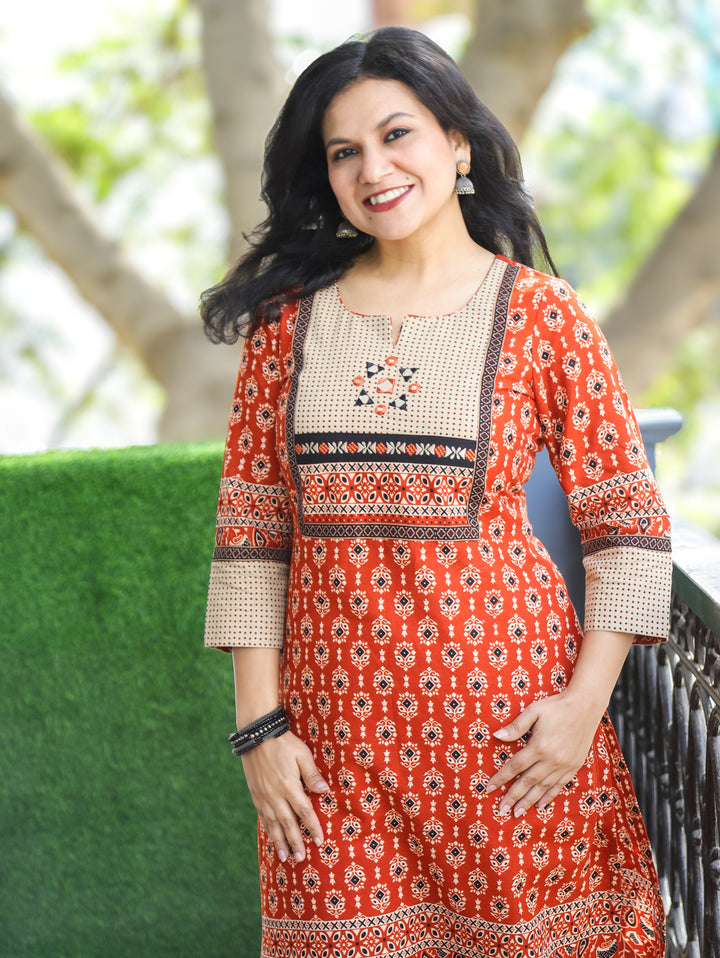 Kiara Rust Orange with Beige Kutch Mirror Work Yoke in Ajrak Printed Cotton Kurti