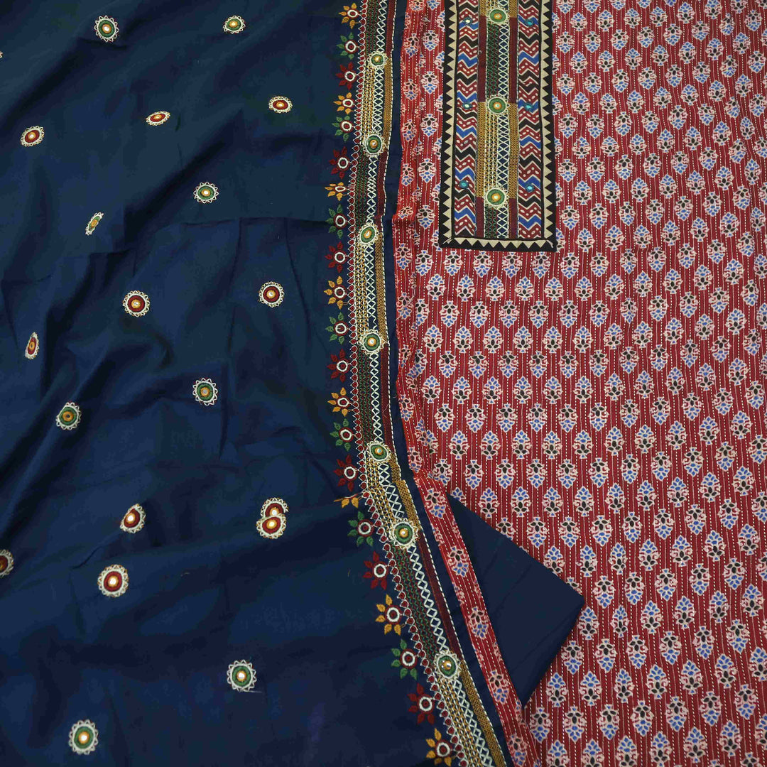 Anokhi Red Ajrak Print Kantha Cotton Top with Border Hem Dupatta