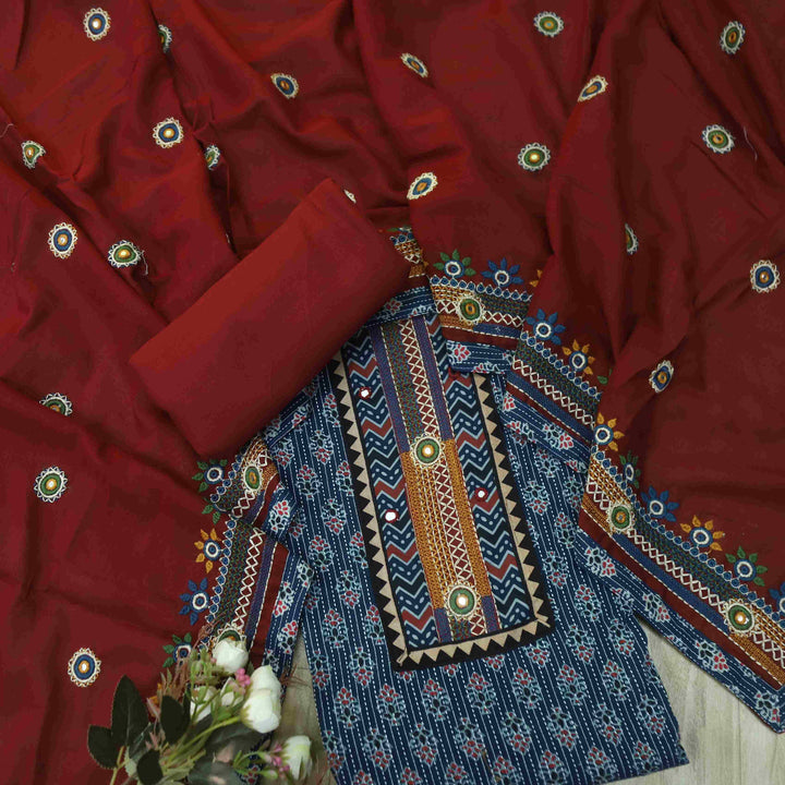 Anokhi Blue Ajrak Print Kantha Cotton Top with Border Hem Dupatta