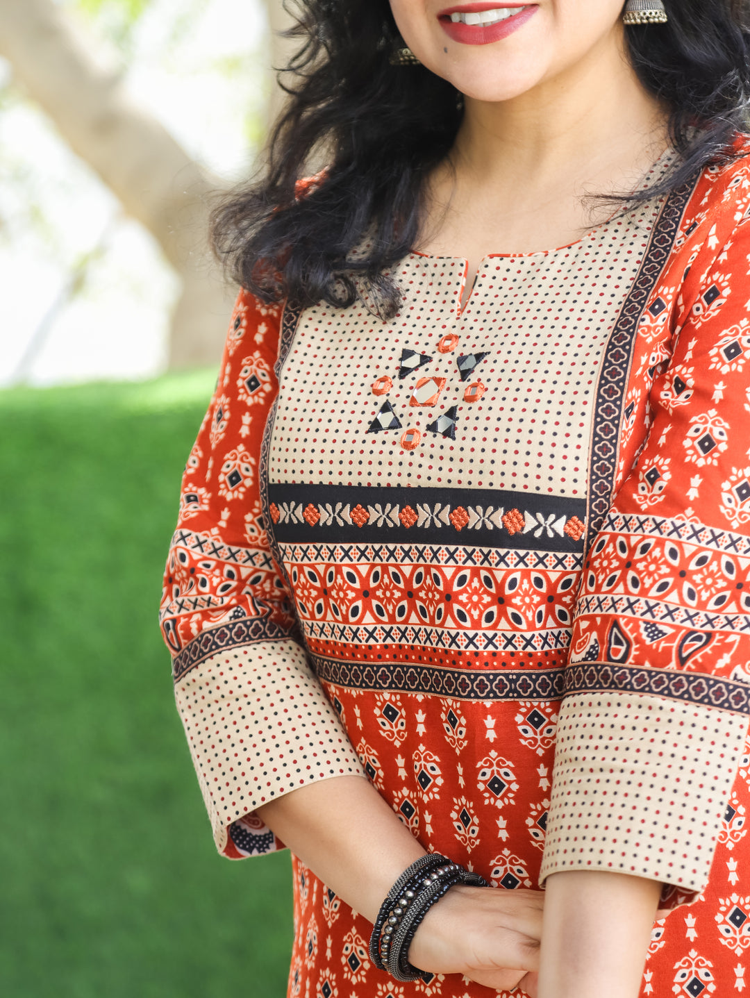 Kiara Rust Orange with Beige Kutch Mirror Work Yoke in Ajrak Printed Cotton Kurti
