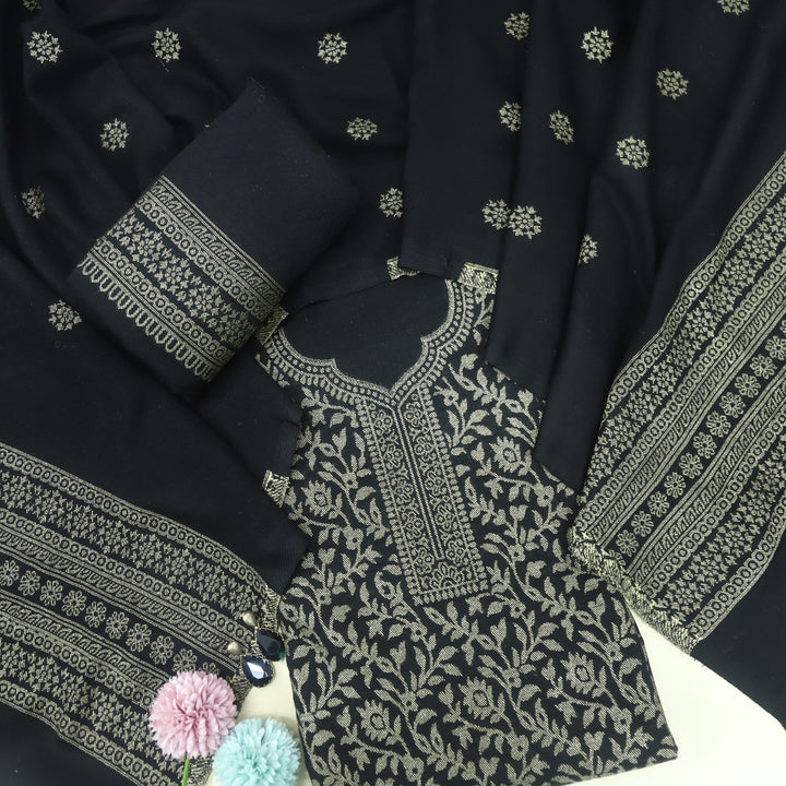 Deewani Ebony Black Zari Weaved Semi Pashmina Suit Set