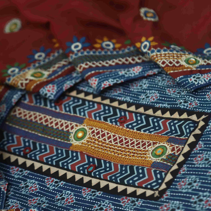 Anokhi Blue Ajrak Print Kantha Cotton Top with Border Hem Dupatta