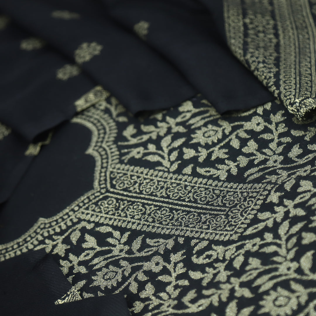 Deewani Ebony Black Zari Weaved Semi Pashmina Suit Set