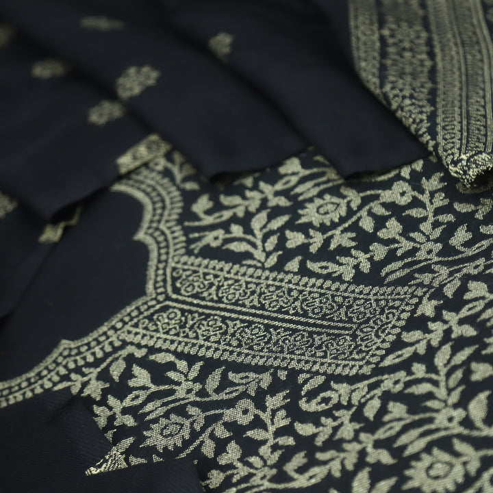 Deewani Ebony Black Zari Weaved Semi Pashmina Suit Set