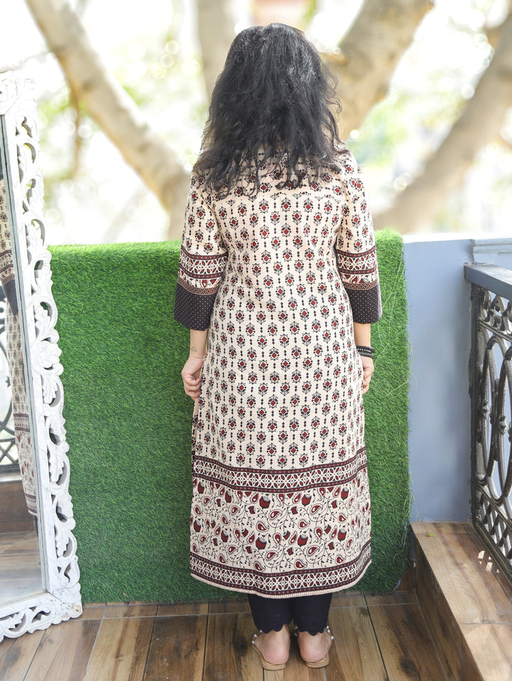 Kiara Beige with Black Kutch Mirror Work Yoke in Ajrak Printed Cotton Kurti