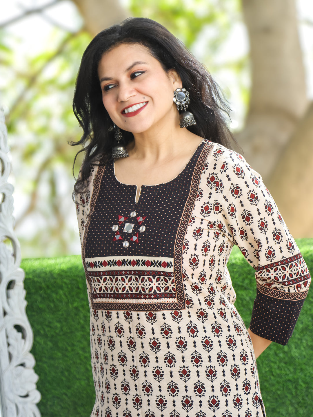 Kiara Beige with Black Kutch Mirror Work Yoke in Ajrak Printed Cotton Kurti