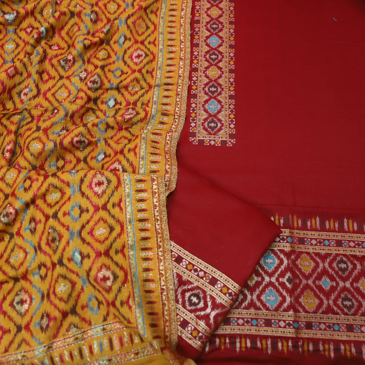 कमलिया Cherry Red Thread Weaved Neck with Zari Semi Pashmina Suit Set