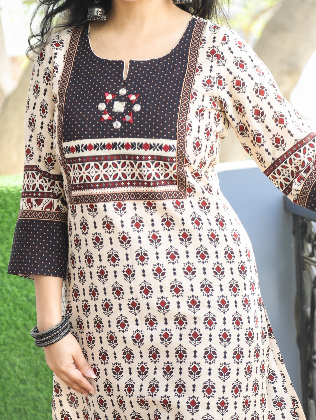 Kiara Beige with Black Kutch Mirror Work Yoke in Ajrak Printed Cotton Kurti