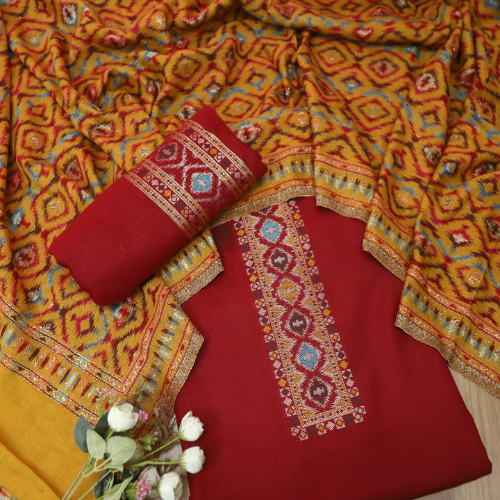 कमलिया Cherry Red Thread Weaved Neck with Zari Semi Pashmina Suit Set