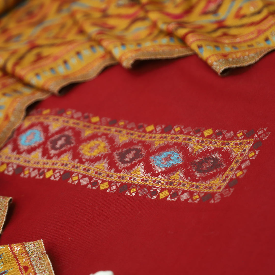 कमलिया Cherry Red Thread Weaved Neck with Zari Semi Pashmina Suit Set