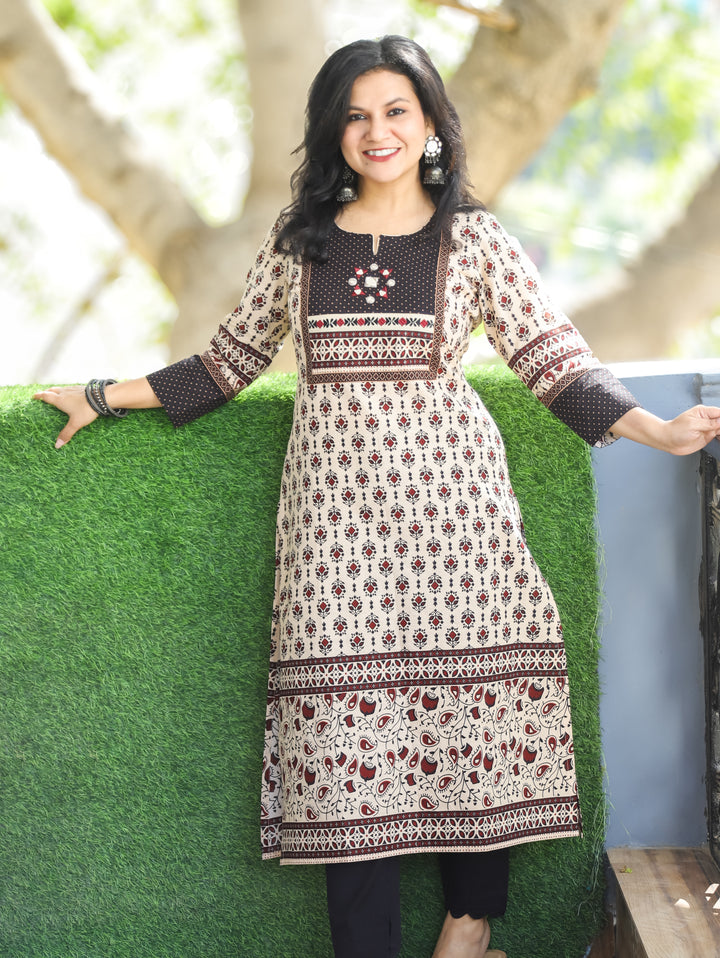 Kiara Beige with Black Kutch Mirror Work Yoke in Ajrak Printed Cotton Kurti