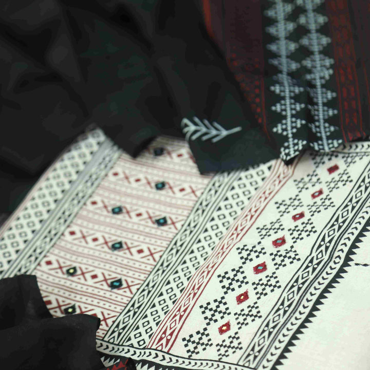 Salaari Sand White Mirror Detailing Block Print Cotton with Black Dupatta