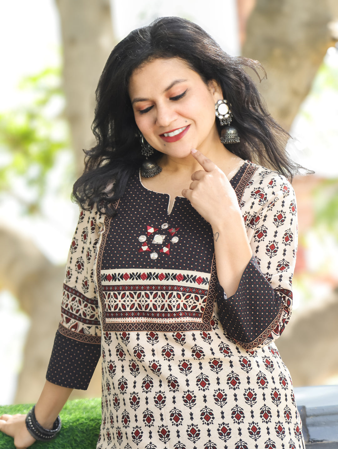 Kiara Beige with Black Kutch Mirror Work Yoke in Ajrak Printed Cotton Kurti