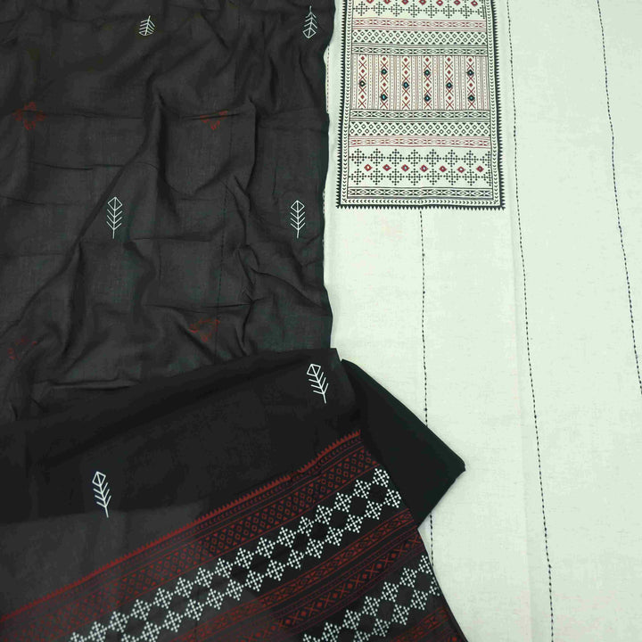 Salaari Sand White Mirror Detailing Block Print Khadi Cotton with Black Dupatta