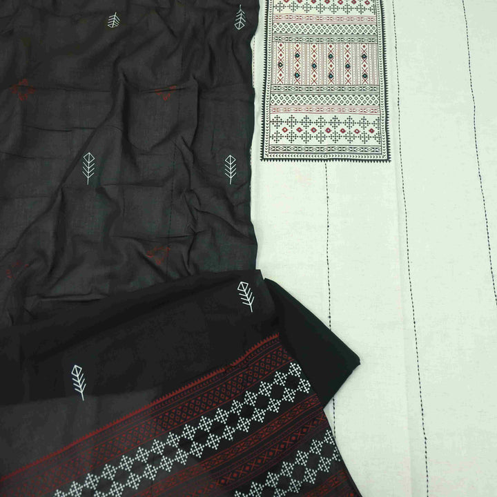 Salaari Sand White Mirror Detailing Block Print Cotton with Black Dupatta