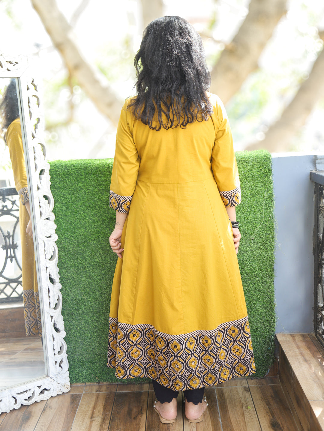 Sunaira Yellow Mirror in Angrakha with Ajrak Patch Printed Hem Anarkali Cotton Kurti