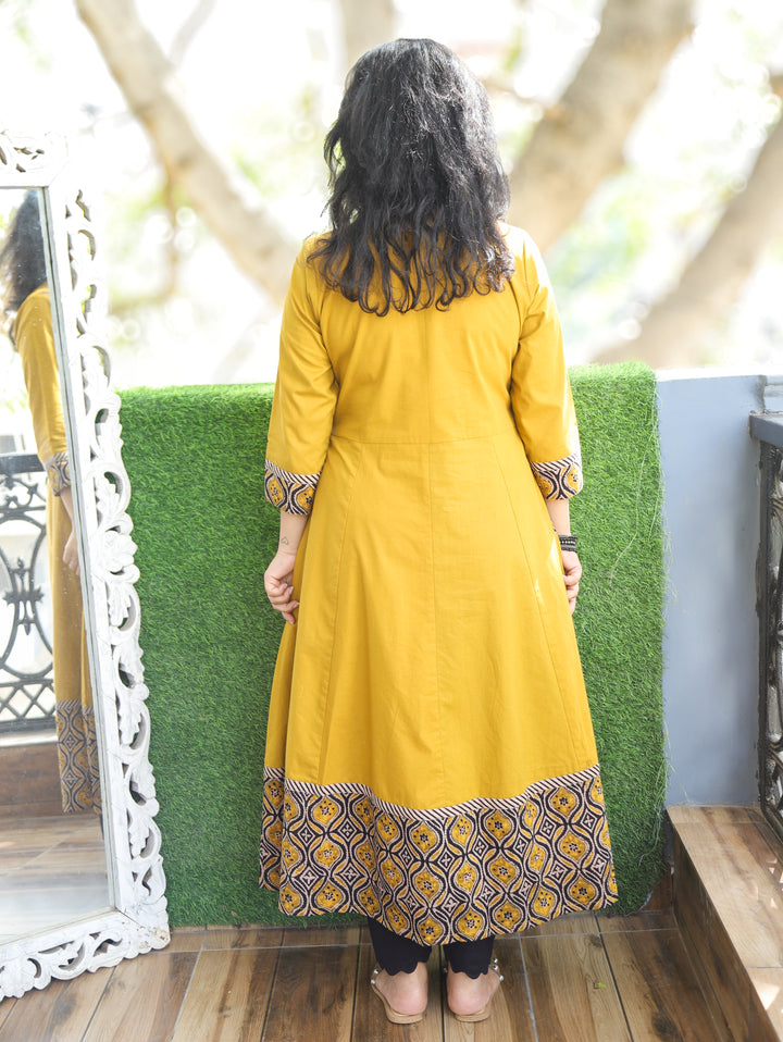 Sunaira Yellow Mirror in Angrakha with Ajrak Patch Printed Hem Anarkali Cotton Kurti